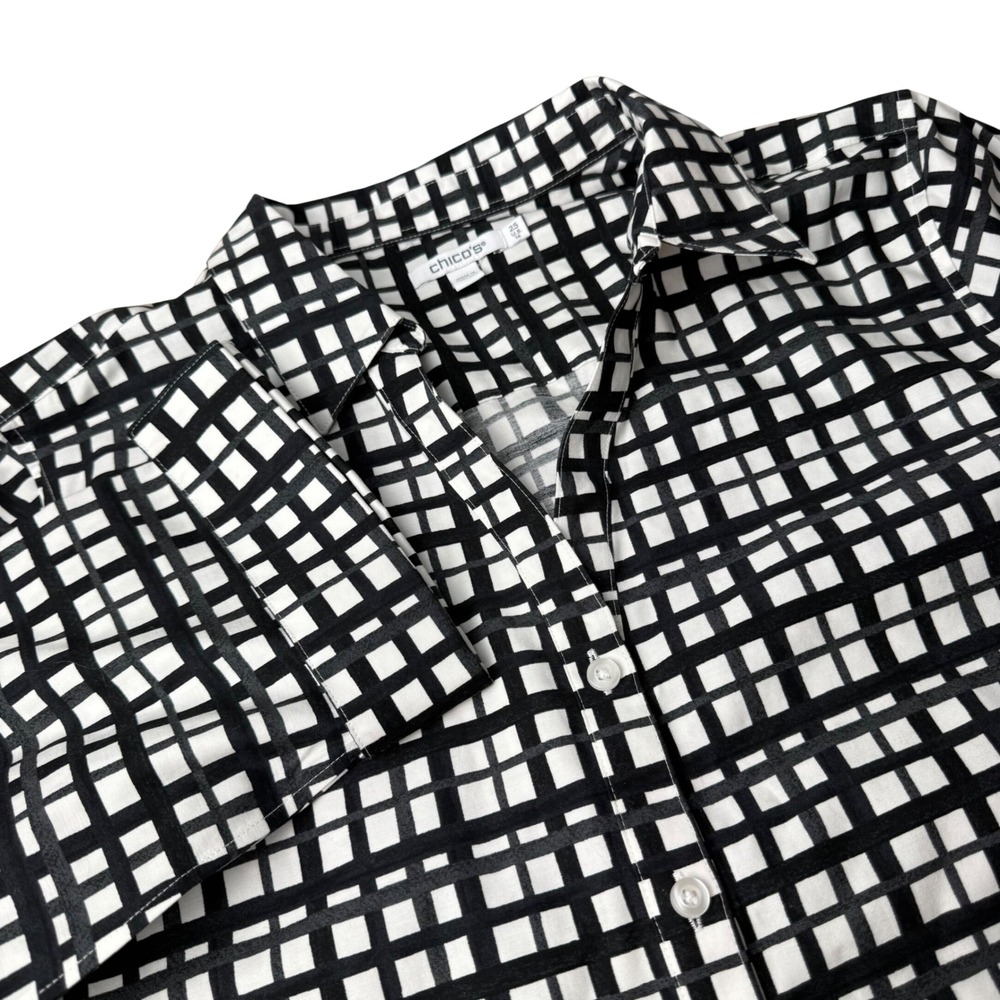 Chico's Women Grayscale Tie Front Hem Shirt XL Dark Academia Monochrome Stretch